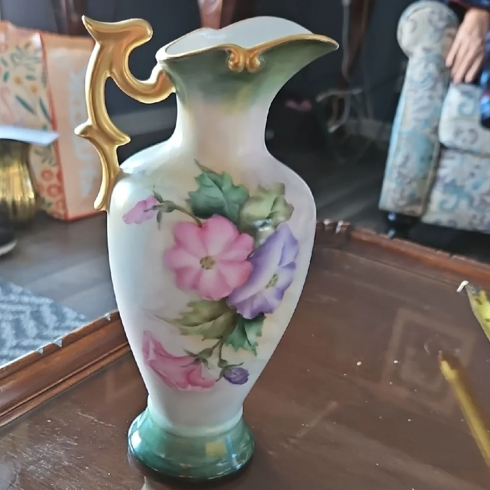 Helen Hale Gorgeous Vintage Hand Painted Floral Ceramic Vase with Gold Handle
